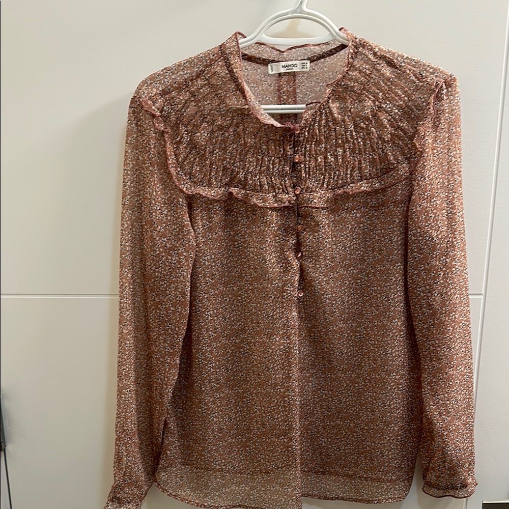 Mango Ruffled Floral Top in Brown and White
